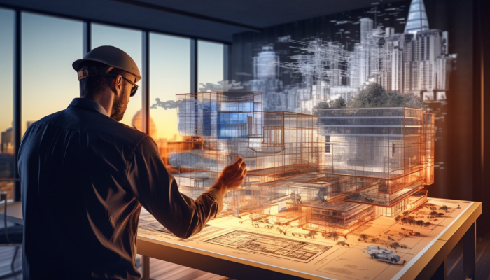 man architect working on a project with VR glasses and new technologies 3d